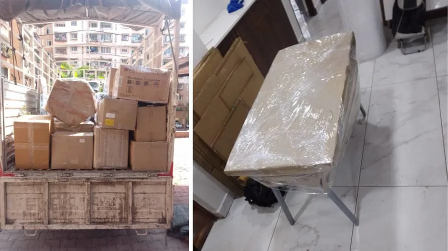Reference photos of boxed goods on a truck and a wrapped table