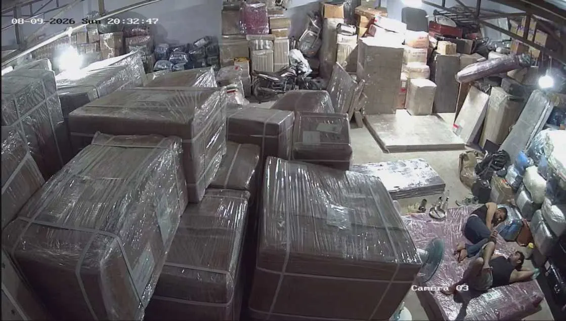 Wrapped items and boxes in an indoor space