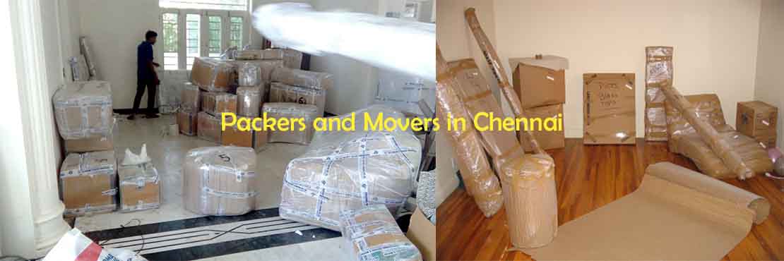 Packed furniture and cartons shown as a moving reference